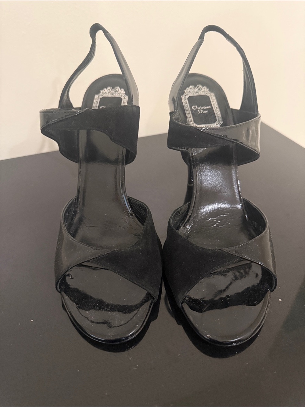 Dior Black Patent & Suede Slingback Heels